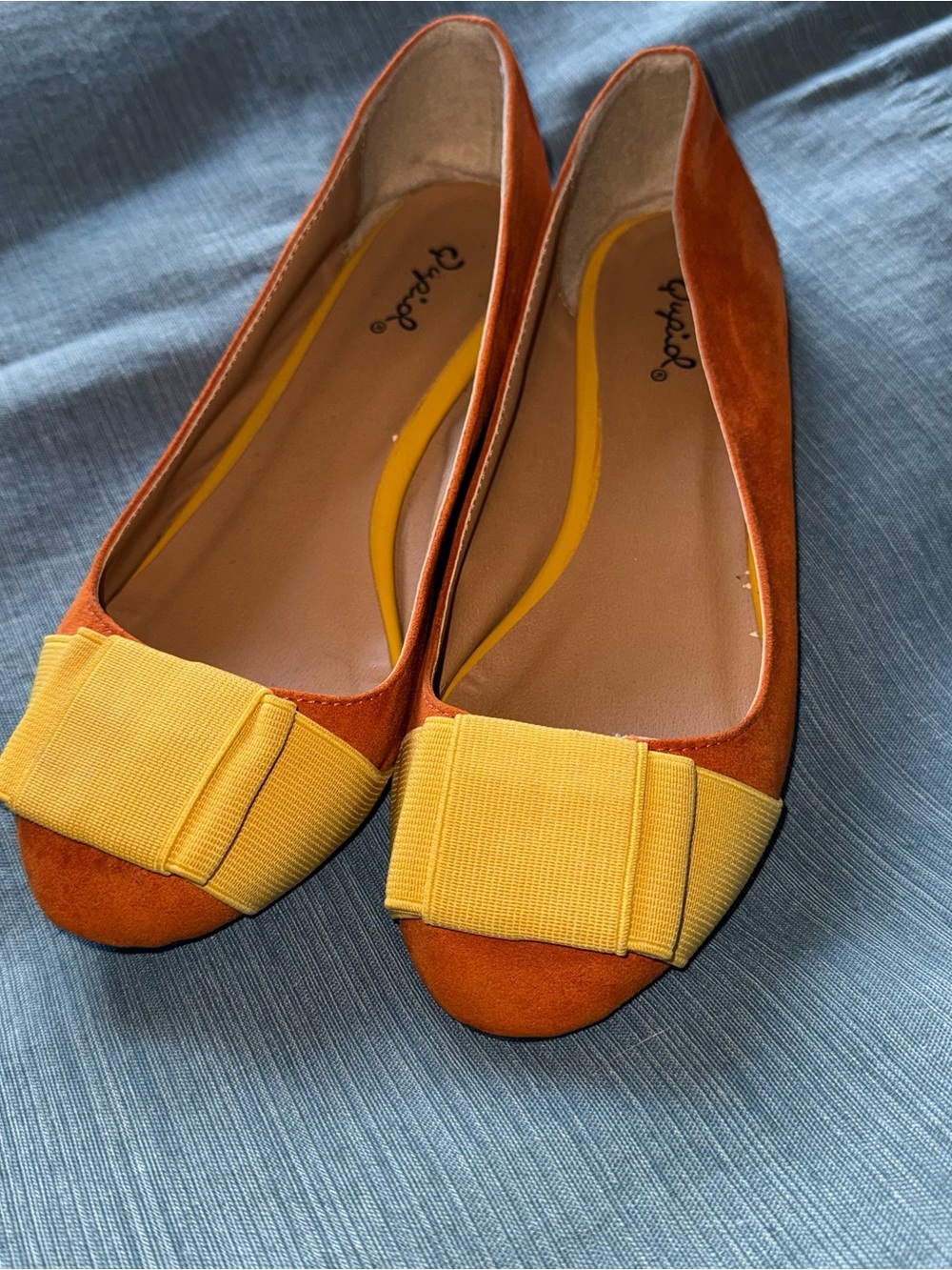 Qupid Orange and Yellow Bow Accent Ballet Flats